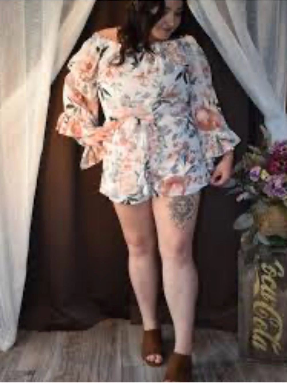 Blush Floral Off-Shoulder Tunic in Blush and Gray